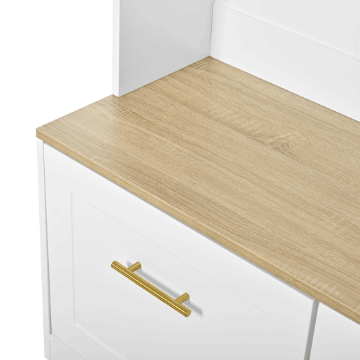 Armário compacto 105x40x180 cm - banco, arrumação aberta, 2 portas, 4 ganchos - Natural+Branco
