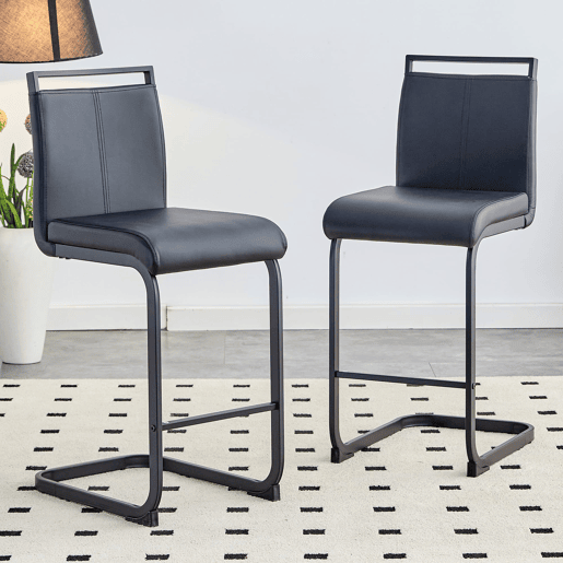 Bancos de bar 2 unidades - Estilo nórdico, couro sintético preto, pernas metálicas - Preto