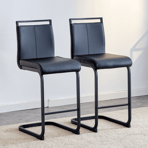Bancos de bar 2 unidades - Estilo nórdico, couro sintético preto, pernas metálicas - Preto