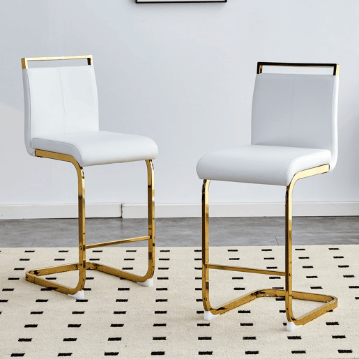 Bancos de bar 2 unidades - estilo nórdico, couro sintético branco, pernas em metal dourado