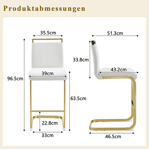 Bancos de bar 2 unidades - estilo nórdico, couro sintético branco, pernas em metal dourado