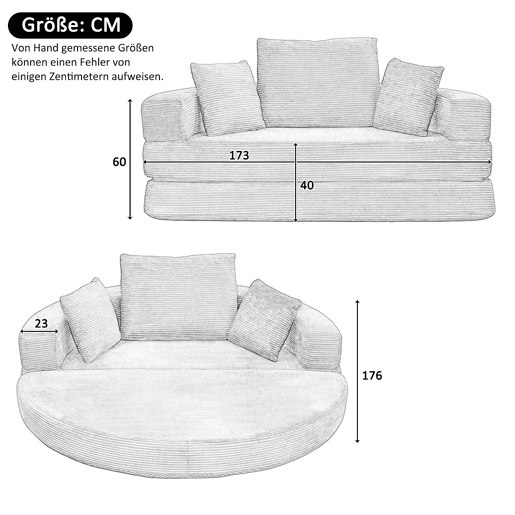 Sofá-cama dobrável 173x176 cm - Modular, almofadas, estofado em veludo cotelê - Bege claro