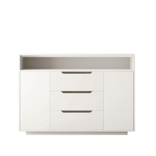 Aparador 120x40 cm - 3 gavetas, portas duplas, prateleira aberta, cantos arredondados - Branco