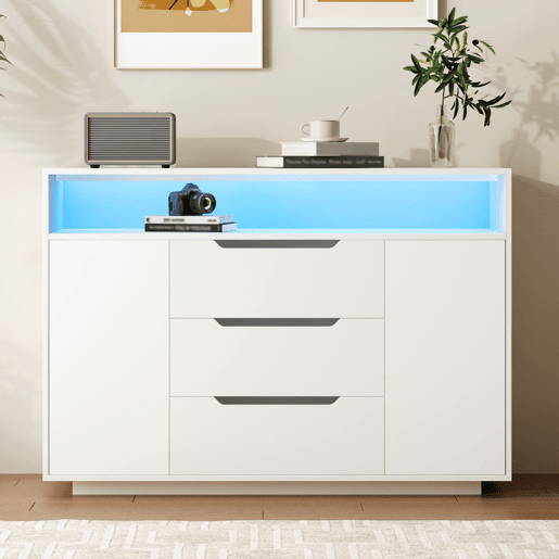 Aparador 120x40 cm - 3 gavetas, portas duplas, prateleira aberta, cantos arredondados - Branco