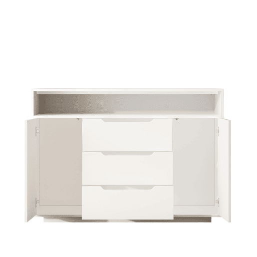 Aparador 120x40 cm - 3 gavetas, portas duplas, prateleira aberta, cantos arredondados - Branco