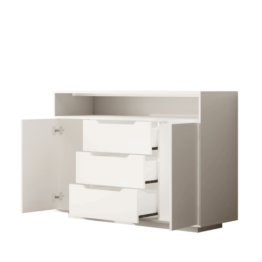Aparador 120x40 cm - 3 gavetas, portas duplas, prateleira aberta, cantos arredondados - Branco