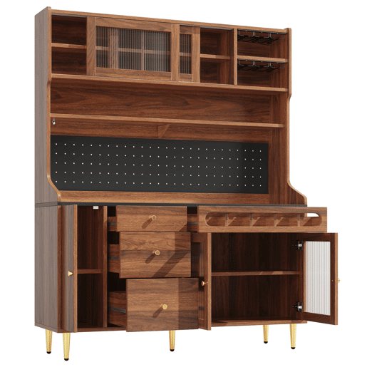 Armário alto para sala 145x39x171 cm - prateleiras ajustáveis, LED, gaveta com garrafeira - nogueira Armário alto para sala 145x39x171 cm - prateleiras ajustáveis, LED, gaveta com garrafeira - nogueira