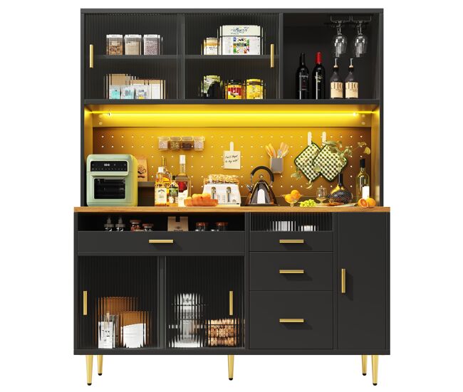 Armario alto salón 145x24x171 cm - con led y estantes perforados - negro