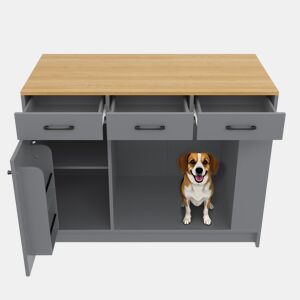 Ilha de cozinha 120x60x90 cm - 3 gavetas, prateleira ajustável, área para animais de estimação - Cinza