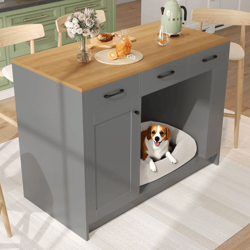 Ilha de cozinha 120x60x90 cm - 3 gavetas, prateleira ajustável, área para animais de estimação - Cinza