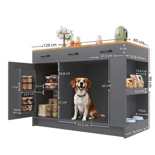 Ilha de cozinha 120x60x90 cm - 3 gavetas, prateleira ajustável, área para animais de estimação - Cinza