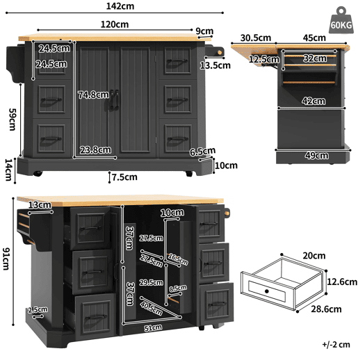 Ilha de cozinha móvel 120x45(75)x91 cm - Com 2 portas e 6 gavetas - Preto