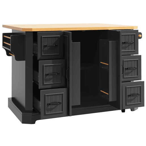 Ilha de cozinha móvel 120x45(75)x91 cm - Com 2 portas e 6 gavetas - Preto