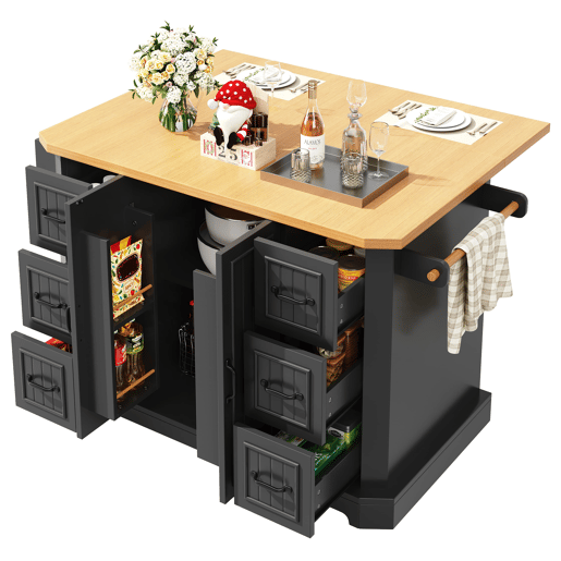 Ilha de cozinha móvel 120x45(75)x91 cm - Com 2 portas e 6 gavetas - Preto