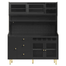 Armário alto para sala 145x39x171 cm - prateleiras ajustáveis, LED, gaveta com garrafeira - preto