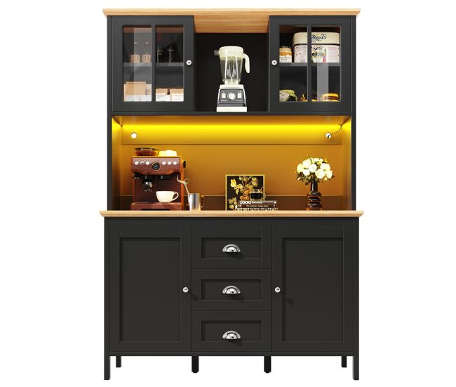 Armario alto 120x40x179 cm - 4 puertas, 3 cajones, led - negro