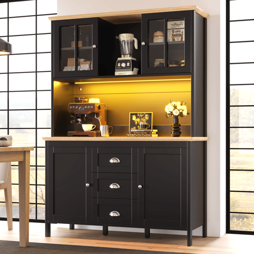 Armário alto 120x40x179 cm - 4 portas, 3 gavetas, LED - Preto Armário alto 120x40x179 cm - 4 portas, 3 gavetas, LED - Preto