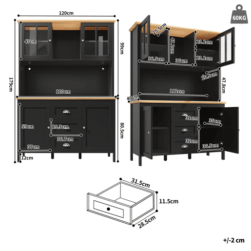 Armário alto 120x40x179 cm - 4 portas, 3 gavetas, LED - Preto Armário alto 120x40x179 cm - 4 portas, 3 gavetas, LED - Preto