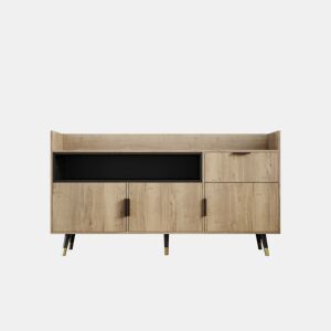 Aparador moderno 120 cm - prateleiras abertas, gavetas, portas basculantes - Natural