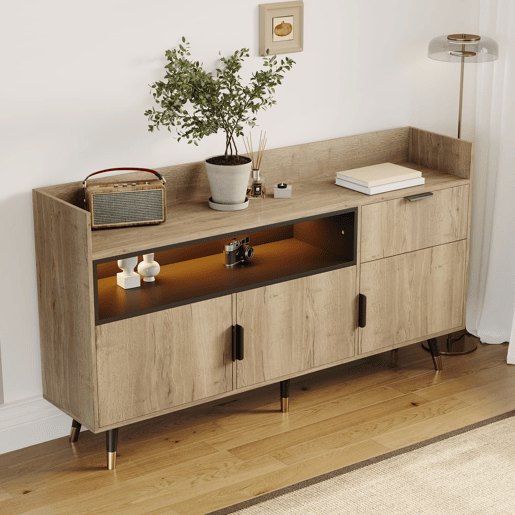 Aparador moderno 120 cm - prateleiras abertas, gavetas, portas basculantes - Natural