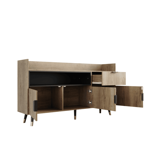Aparador moderno 120 cm - prateleiras abertas, gavetas, portas basculantes - Natural