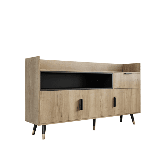Aparador moderno 120 cm - prateleiras abertas, gavetas, portas basculantes - Natural