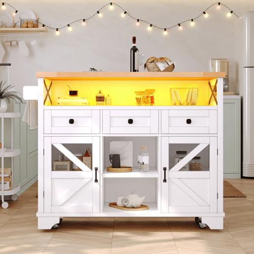 Carrinho de cozinha multifuncional 120x60x90cm - LED, mesa dobrável, 3 gavetas, 2 portas - Branco