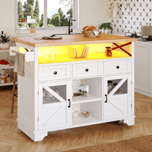 Carrinho de cozinha multifuncional 120x60x90cm - LED, mesa dobrável, 3 gavetas, 2 portas - Branco