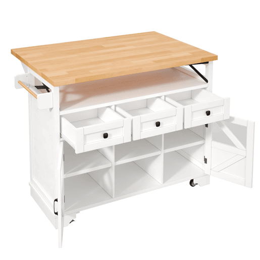 Carrinho de cozinha multifuncional 120x60x90cm - LED, mesa dobrável, 3 gavetas, 2 portas - Branco