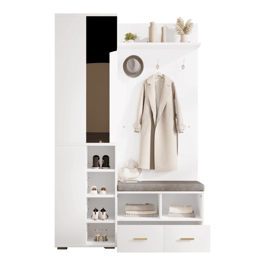 Conjunto de hall de entrada 120x35x190 cm - armário, cabide, sapateira, espelho, 3 ganchos, 2 gavetas - Branco