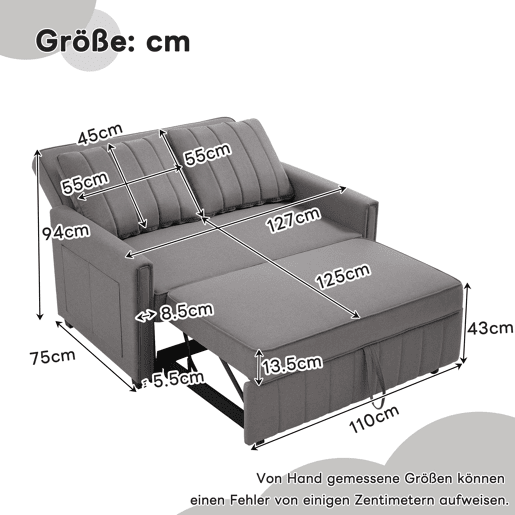 Sofá-cama de 2 lugares 180x127 cm - multifuncional, com encosto ajustável, ideal para espaços pequenos - Antique Gray
