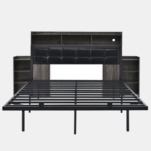 Cama de casal 140x190 cm - com cabeceira, 2 mesas de cabeceira removíveis, LED, USBTipo C, cinzento