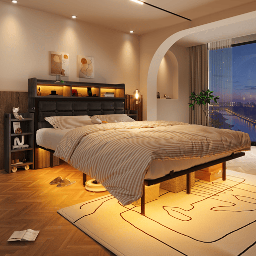 Cama de casal 140x190 cm - com cabeceira, 2 mesas de cabeceira removíveis, LED, USBTipo C, cinzento