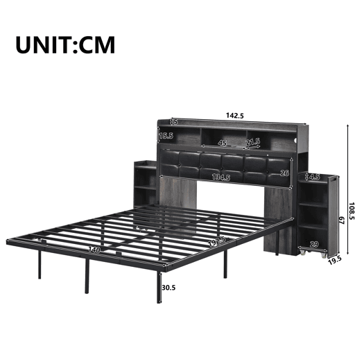 Cama de casal 140x190 cm - com cabeceira, 2 mesas de cabeceira removíveis, LED, USBTipo C, cinzento