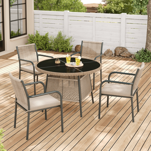 Conjunto de jardim para 4 pessoas - mesa redonda de vidro e 4 cadeiras de vime - cinza