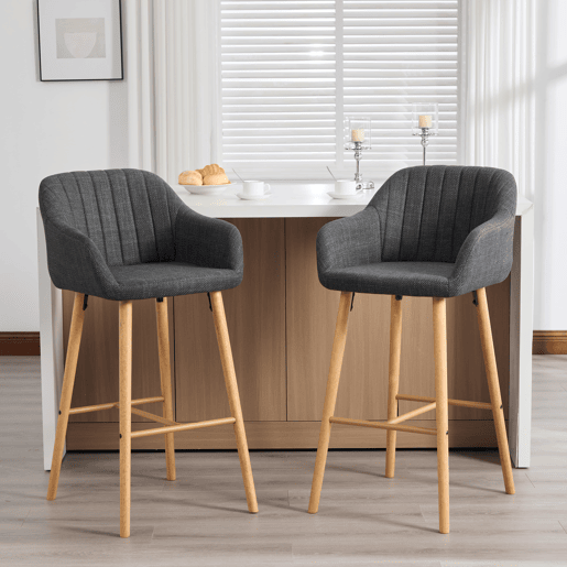 Bancos de bar 2 unidades - Estilo europeu, encosto alto, braços, assento em linho, pernas em madeira - Preto