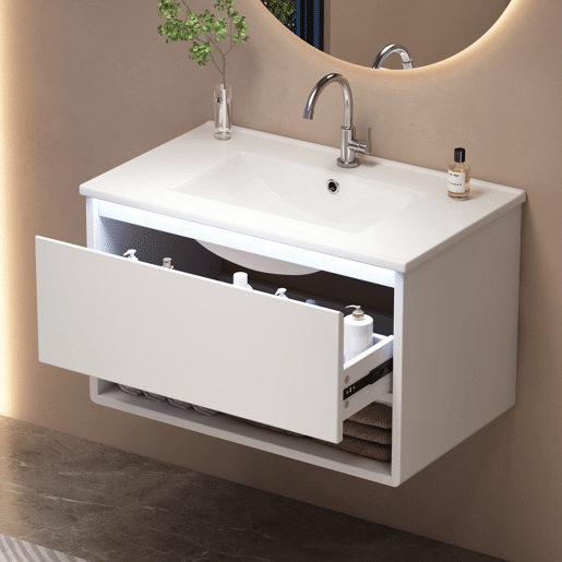 Móvel de casa de banho 76x46x45 cm - Suspensório, gaveta, prateleira aberta, sensor LED - Branco