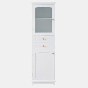 Armário de casa de banho 45x36x160 cm - portas de vidro, 2 armários, 2 gavetas, puxadores dourados - branco