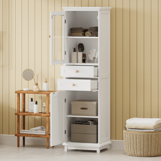 Armário de casa de banho 45x36x160 cm - portas de vidro, 2 armários, 2 gavetas, puxadores dourados - branco