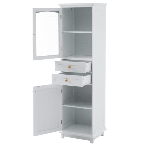 Armário de casa de banho 45x36x160 cm - portas de vidro, 2 armários, 2 gavetas, puxadores dourados - branco
