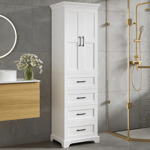 Armário de casa de banho 57x38x180 cm - 3 gavetas e prateleiras ajustáveis - branco