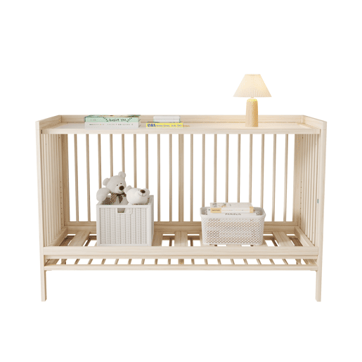Móvel infantil combinado - multifuncional: berço, armário e estante giratória - Natural