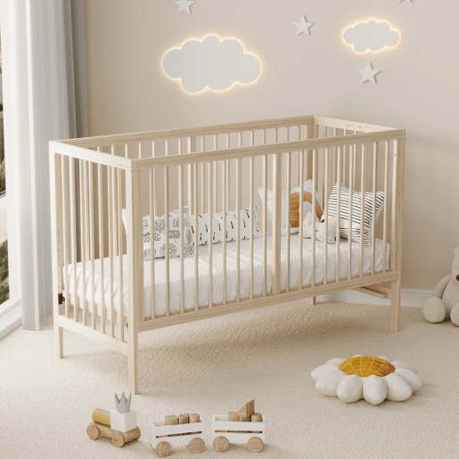 Móvel infantil combinado - multifuncional: berço, armário e estante giratória - Natural