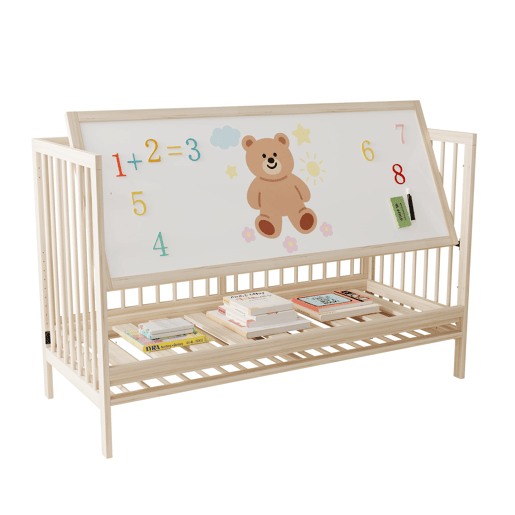 Móvel infantil combinado - multifuncional: berço, armário e estante giratória - Natural