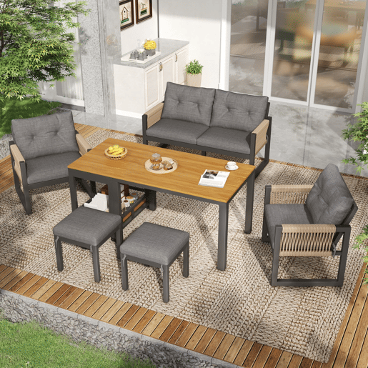 Conjunto de sofás de jardim com vários lugares - estrutura em ferro, braços trançados, almofadas, mesa - cinzentonatural