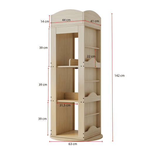 Estante giratória 142x63x63 cm - 4 níveis, multifuncional, 360° - Natural