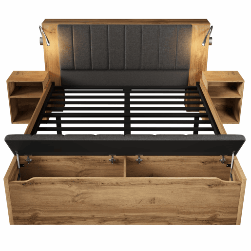 Cama de casal 180x200 cm - Cabeceira rebatível, arrumação, mesas de cabeceira e candeeiros USB - Carvalho