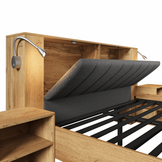 Cama de casal 180x200 cm - Cabeceira rebatível, arrumação, mesas de cabeceira e candeeiros USB - Carvalho