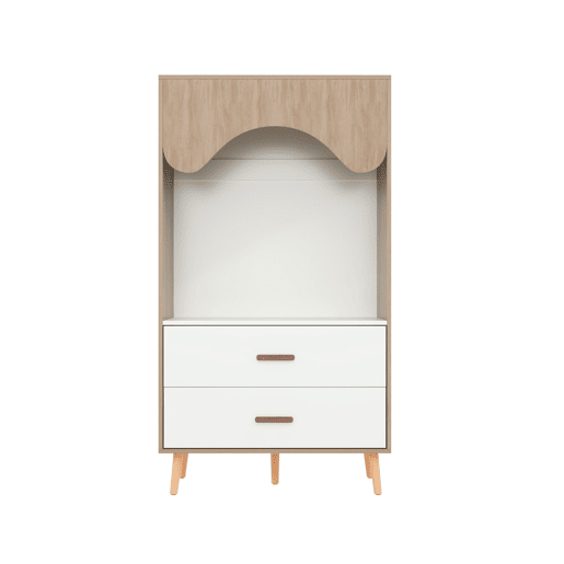 Armário infantil 80×46×141,5 cm - com barra e gavetas, portas abertas, madeira natural+branco Armário infantil 80×46×141,5 cm - com barra e gavetas, portas abertas, madeira natural+branco