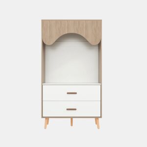 Armário infantil 80×46×141,5 cm - com barra e gavetas, portas abertas, madeira natural+branco